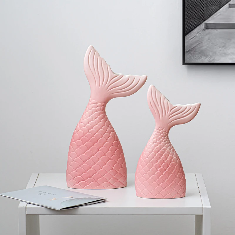 Set of 2 Matte Frosted black white pink Mermaids ceramic vase home decor artificial dried flower arrangement decoration