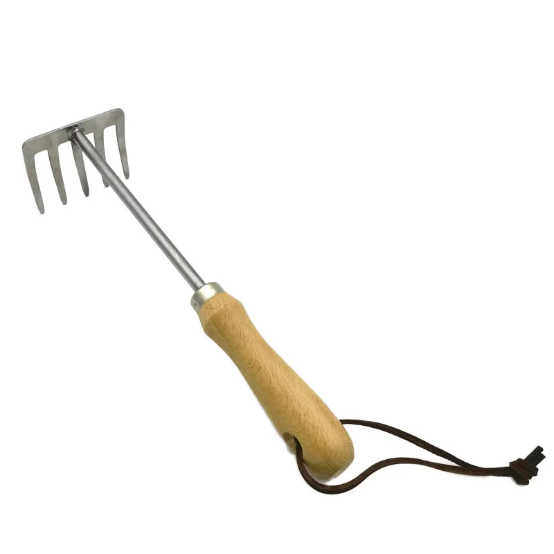 
5 Prong Stainless Steel Garden Hand Rake with Wood Handle 