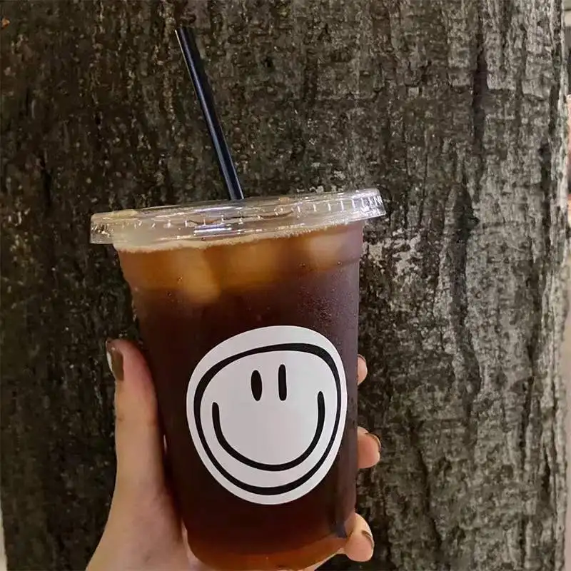 Factory Wholesale Gobelet En Plastique Bubble Tea Plastic Cup With Lid Fork Fruit Milk Tea Pp Pvc 24 Oz Cup Square Boba Cups