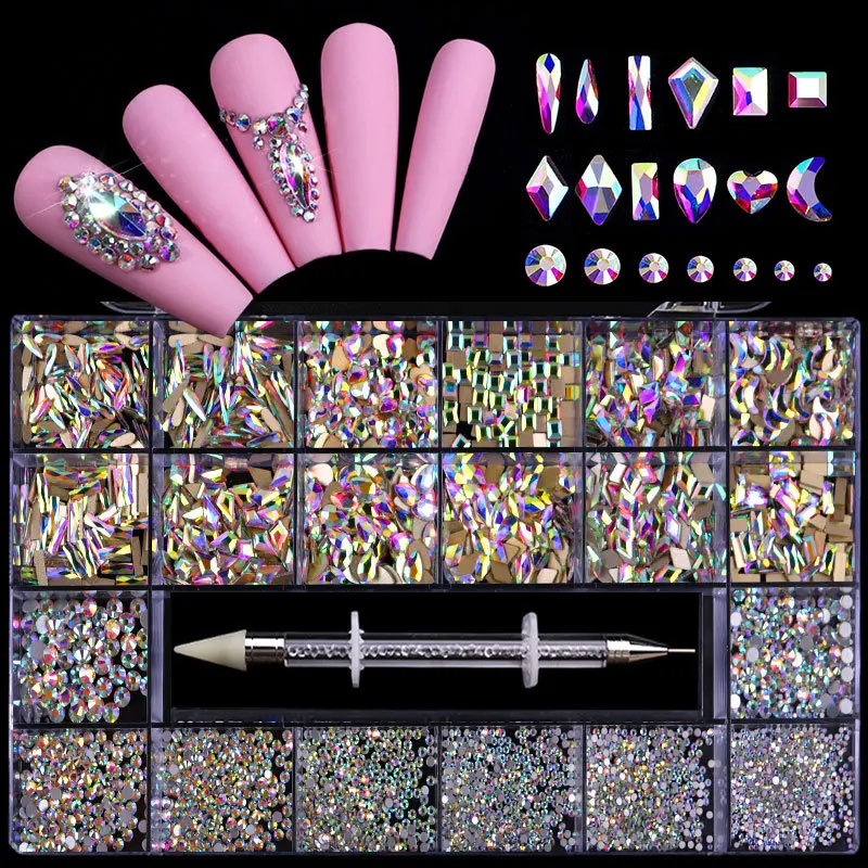 Nail Rhinestones Kit+1pc Dotting Pen Crystal Red/AB Luminous Color Set Flatback Glass Rhinestones Charms Nail DecorCrafts Supply