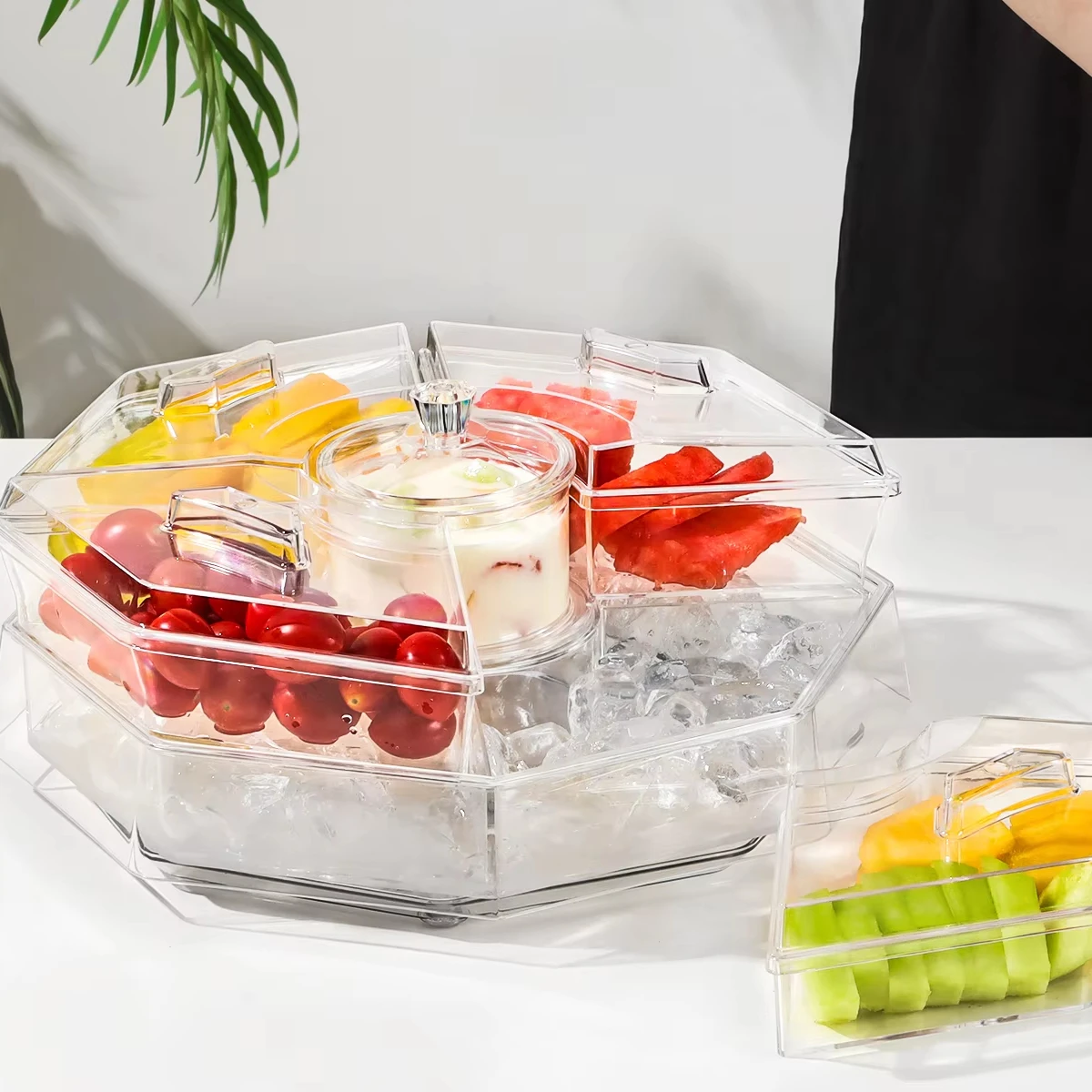 Ice Serving Lazy Susan, Chilled Food Containers with 4 Removable Dishes and Smooth Rotating Tray