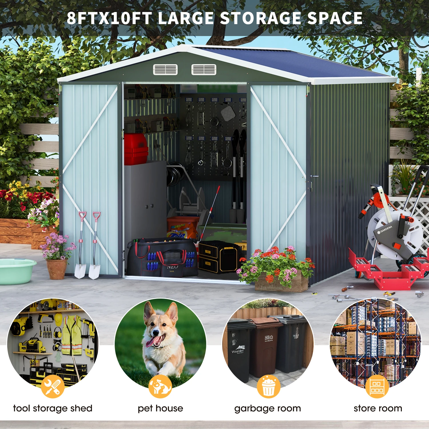 Outdoor Steel Metal Storage Shed with Floor Frame Foundation Base Kit Gray Tool Utility for Garden Backyard Lawn