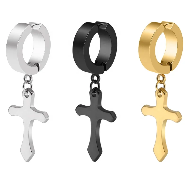 Stainless Steel Unisex Cross Dangle Earrings Punk Hip Hop Clip On Custom Christian Cross Earrings for Men and Women