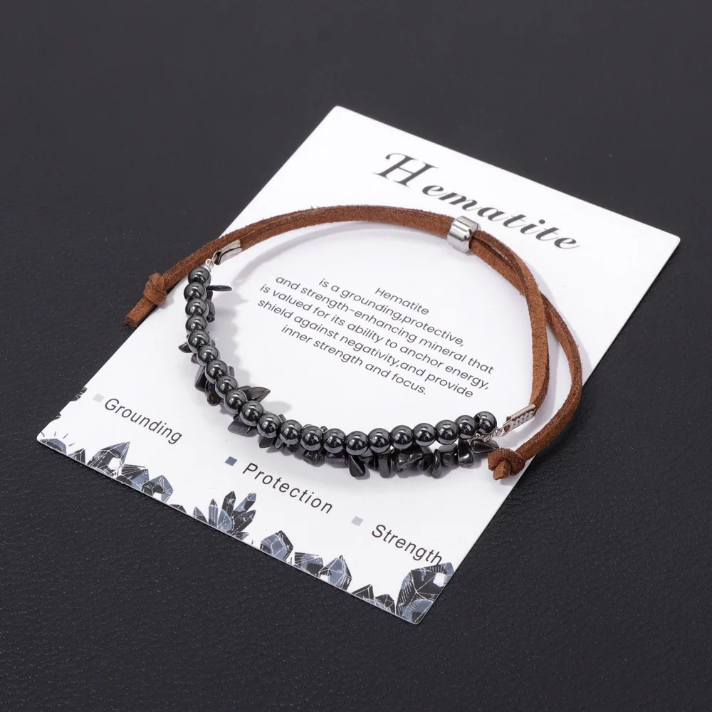 2025 Latest Trending 4 mm Round Beads and Chips Two Layers Natural Stone Leather Rope Adjustable Bracelets