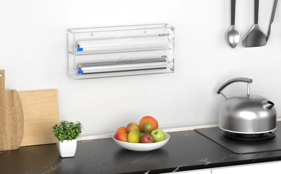 3 in 1  Foil Dispenser with Slide Cutter and Labels  Plastic Wrap Aluminum Foil Acrylic Roll Organizer Holder