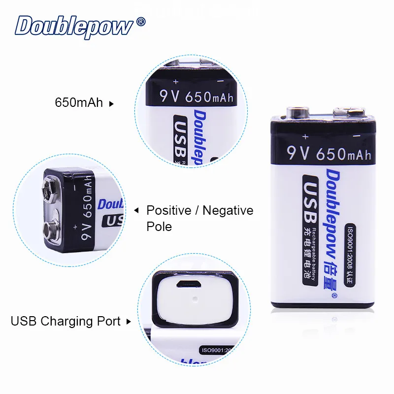 Doublepow High Quality 650mAh 9V Li-ion USB Rechargeable Battery Lithium Ion