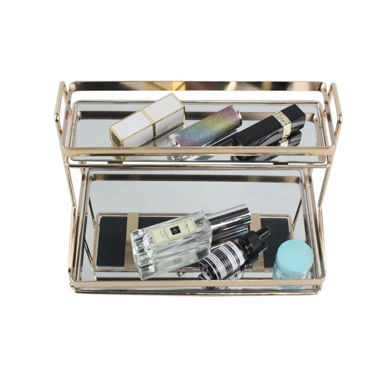 
ready to ship two layers vanity mirror serving tray luxury perfume cosmetic golden decorative mirror tray 