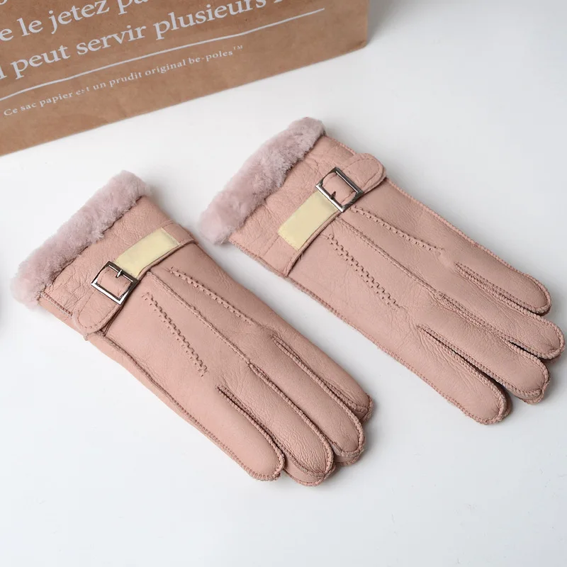 
fashion Five fingers Wool Genuine Leather Sheepskin Sheep Fur Mittens Elegant Warm Female Sheepskin Wool Cycling 