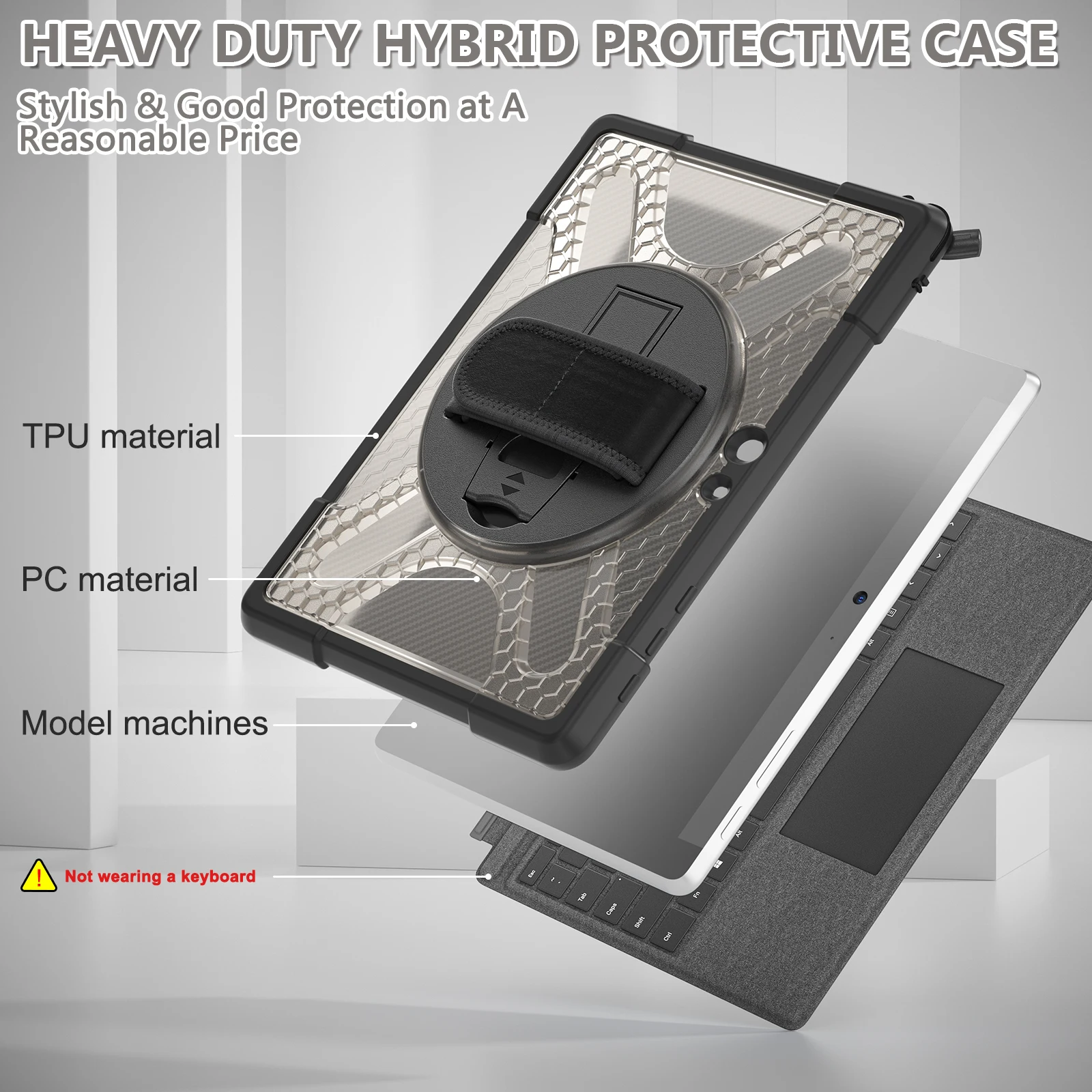 Rugged Case for Microsoft-Surface-Go-3/Go-2/Go with Rotatable Kickstand, Hand Strap Compatible with Type Cover Keyboard
