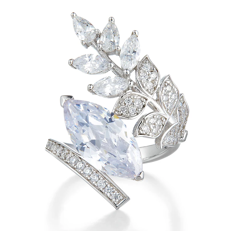 Luxury 925 Sterling Silver  Leaf Rings Jewelry Women Cubic Zirconia Stone Ring