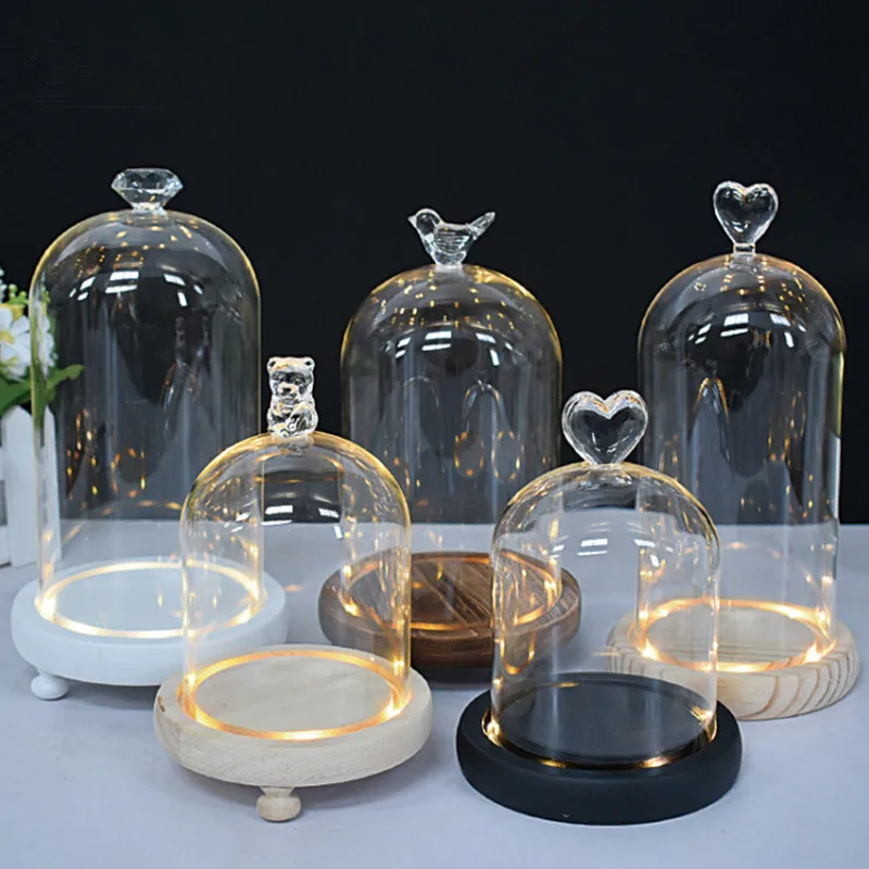 Clear Antique Round Cylinder Preserved Fresh Flower Glass Dome for Decoration with Cork Wooden Base