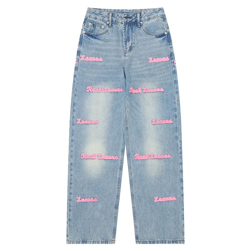 Blue Simple Style Towel Embroidery Wide Jeans Men Tapered Mobile Pant For Man Jeans Baggy