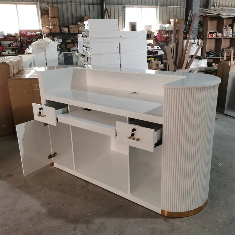 Siman Commercial Modern Barber Furniture Factory Direct Luxury White Counter Front Desk Reception Table For Beauty Nail Salon