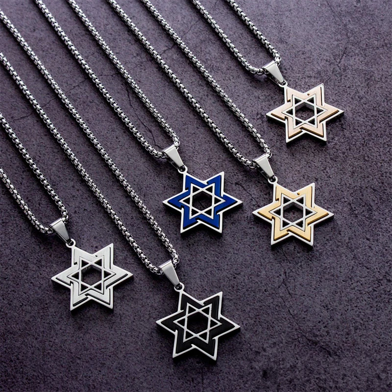 Fashion Stainless Steel Silver Hexagrams Star necklace Religious Amulet Men Statement Israel Star of David Pendant Necklace