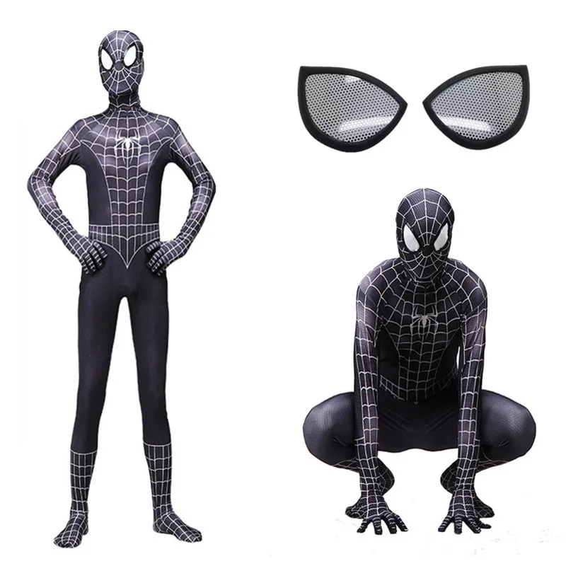 Черный паук комбинезон Zentai костюмы с жесткими линзами дети косплей Хэллоуин костюм