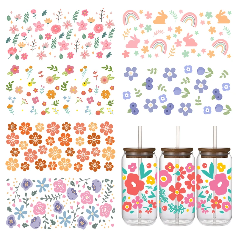 500ml different flower pattern Transparent Cola Glass Cup With Straw And Lid