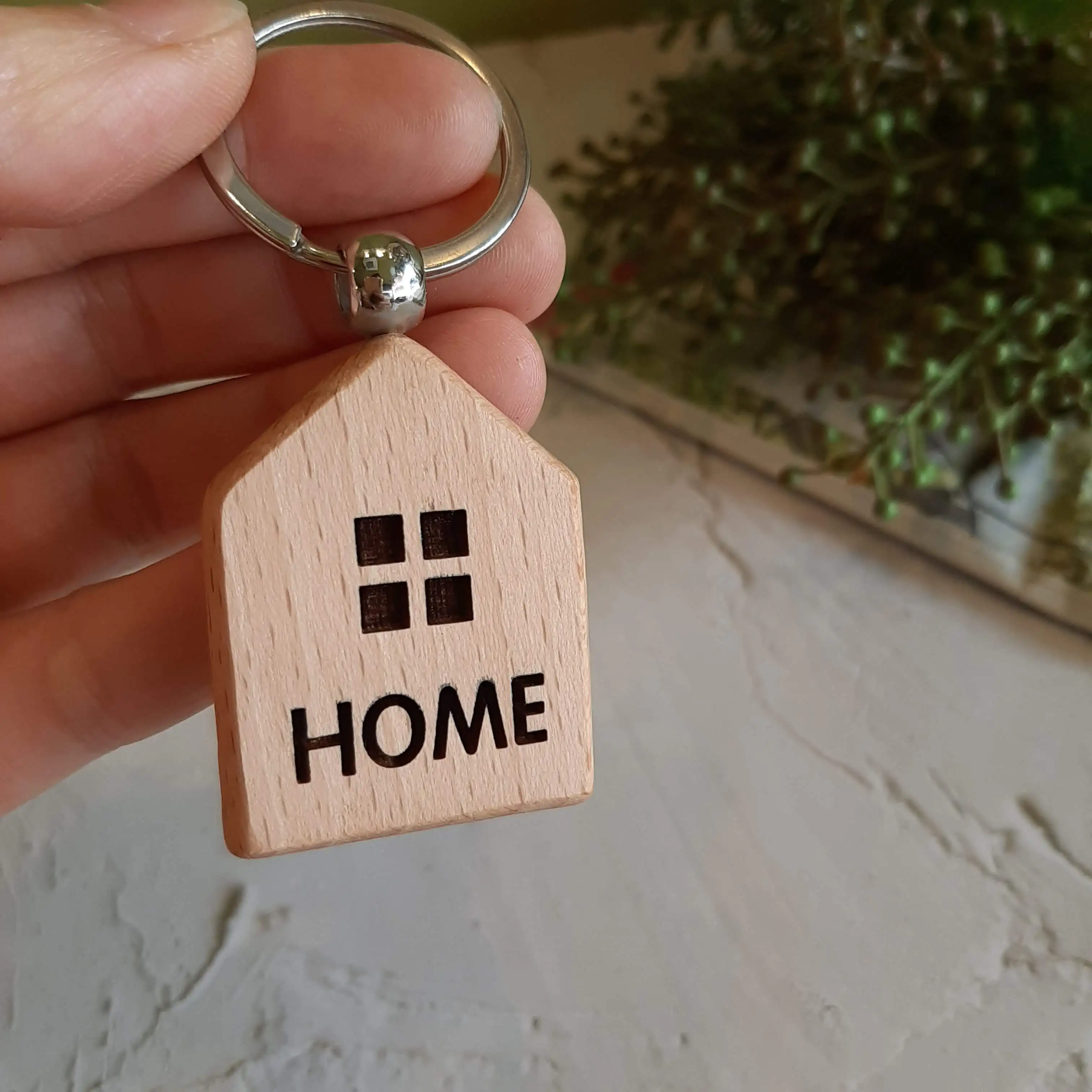 No MOQ DIY blank beech wood key ring, customized laser/printing  LOGO geometric wooden carving keychain