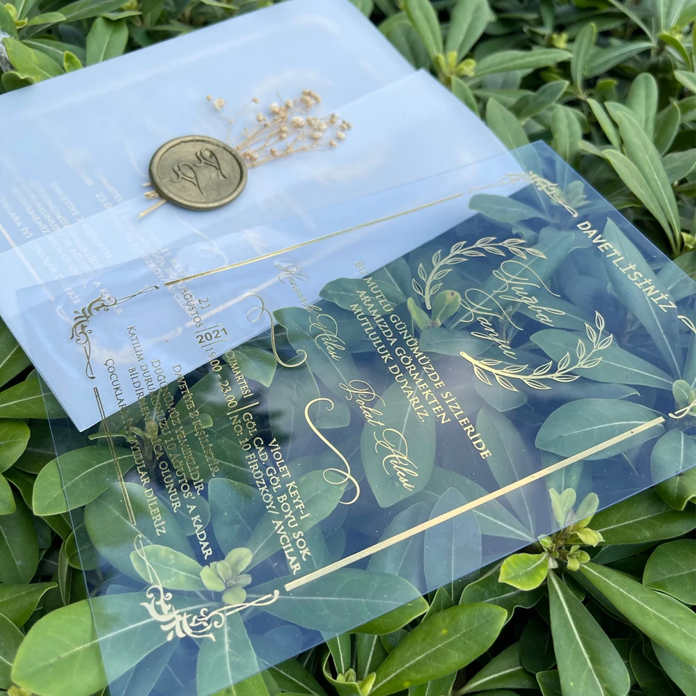 Wholesale Luxury Free Design Transparent Glass Printing Acrylic Wedding Invitation Card with Envelope