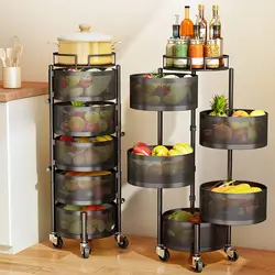 Fruit Vegetable Basket for Kitchen Rotating Storage Rack 5 Tier Rolling Cart Basket with top lid Large Metal Wire Basket