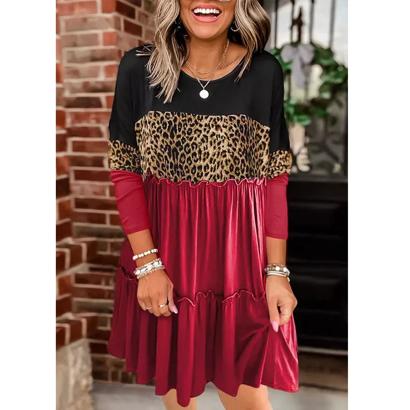 Women Leopard Color Block Ruffled Splicing Mini Dress