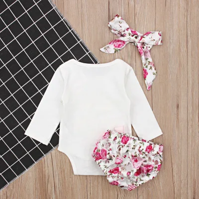 
Toddlers Girls Clothing Floral Baby Autumn Fashion Cotton Long Sleeve Prince Romper+Shorts+Headband Girls Daddy Clothes Suits 