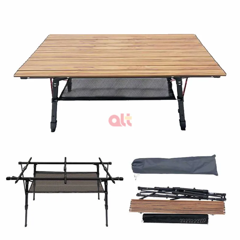Outdoor aluminum alloy folding table portable lifting wood grain egg roll table wholesale camping barbecue aluminum alloy table
