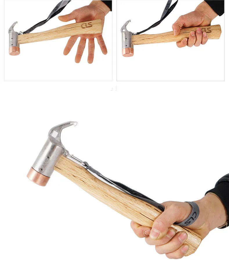 Mydays Outdoor Hot Sale Camp Hammer with Brass Head Wooden Handle Steel Pick End And Woven Strap