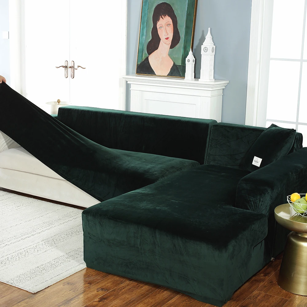 Living Room Sofa Stretchable Velvet Emerald Green Slip Covers for Sectional Sofa