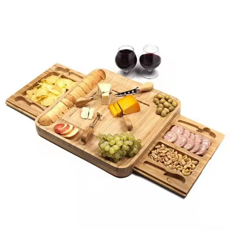 Square Cutting Board And Knife Set Bamboo Wood Cheese Board With Slide Out Drawer