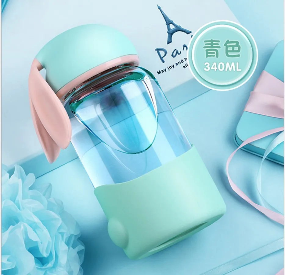 Rabbit ear shape High borosilicate glass with pp cup sleeve water bottle