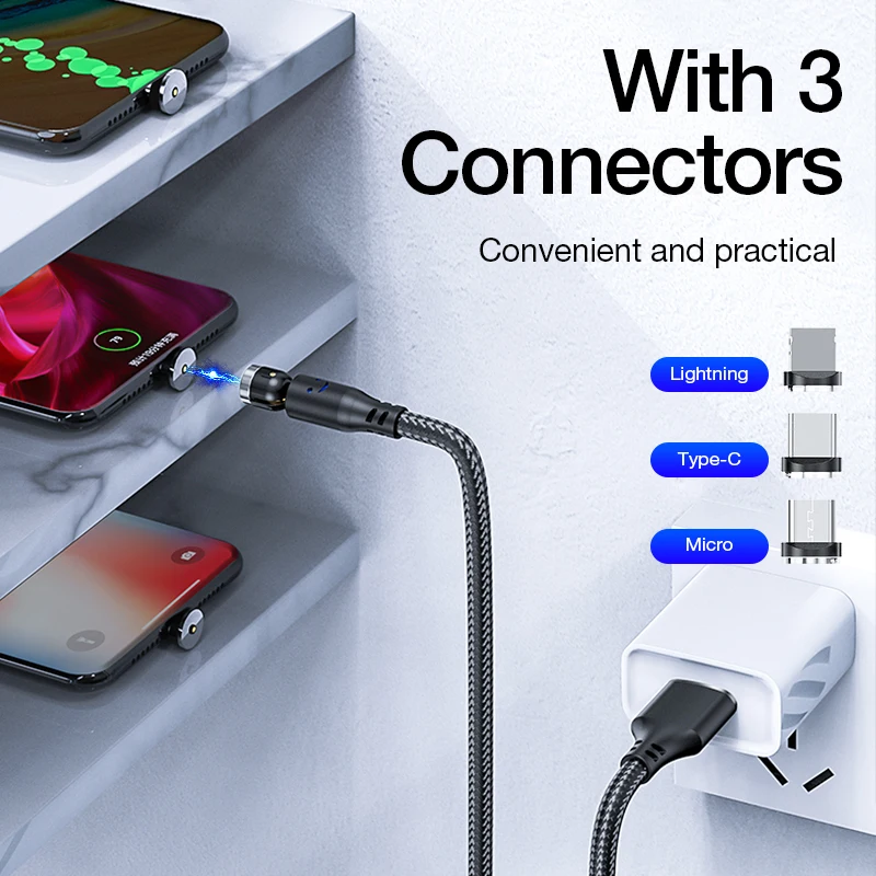 Новое поступление 3 в 1 светодиодный Магнитный зарядный USB-кабель вращающийся на 540 градусов Магнитный кабель