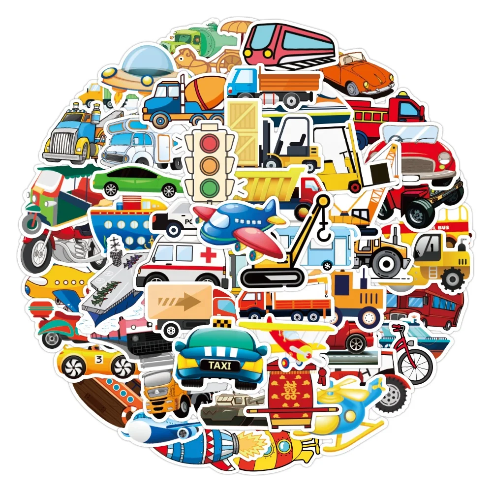 Custom 55pcs Bus Airplane Cartoon Transportation Stickers DIY Waterproof Stationery Bicycle Car Ambulance Vehicle PVC Stickers