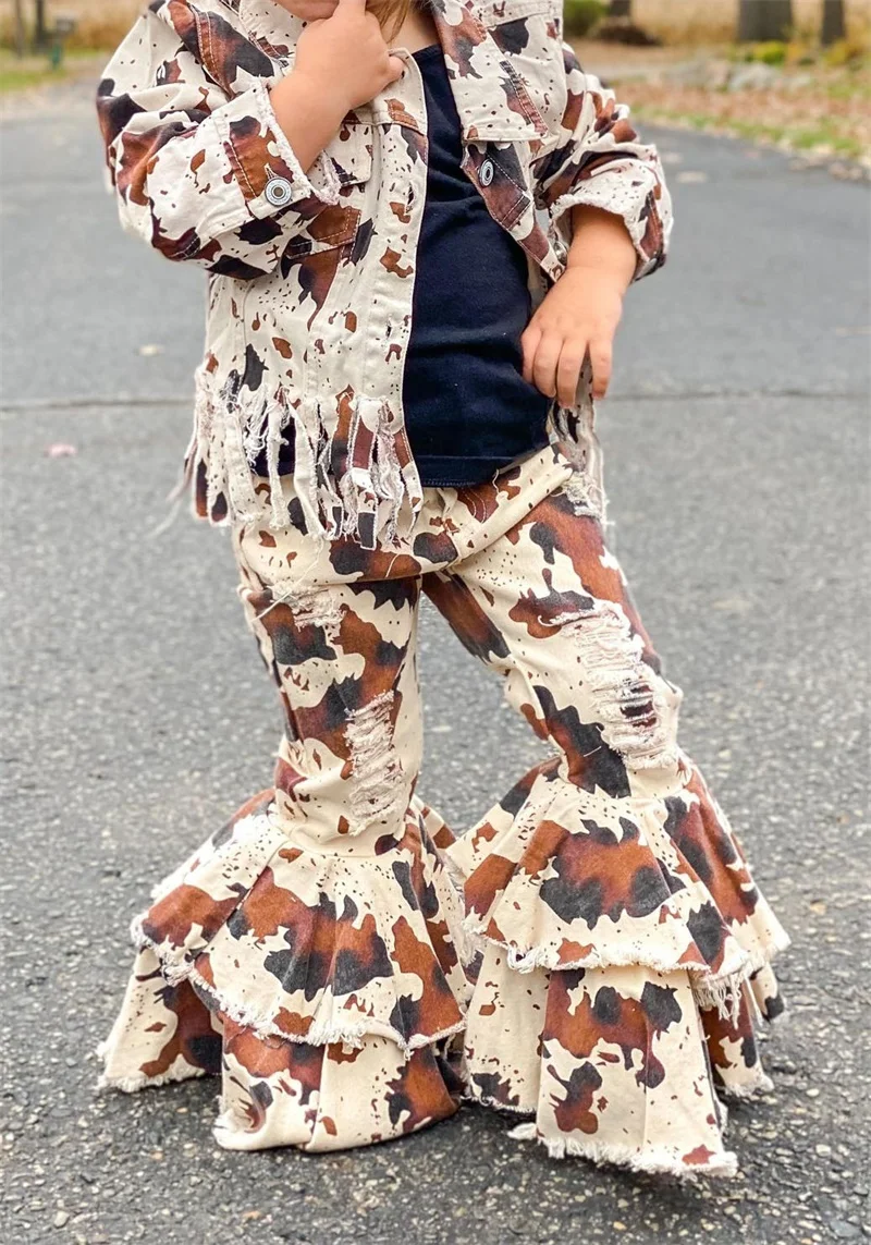 2024 New Western Style Brown Cow Printed Baby Girls Boys Denim Bell Bottoms Pants Children Double Bells Jeans