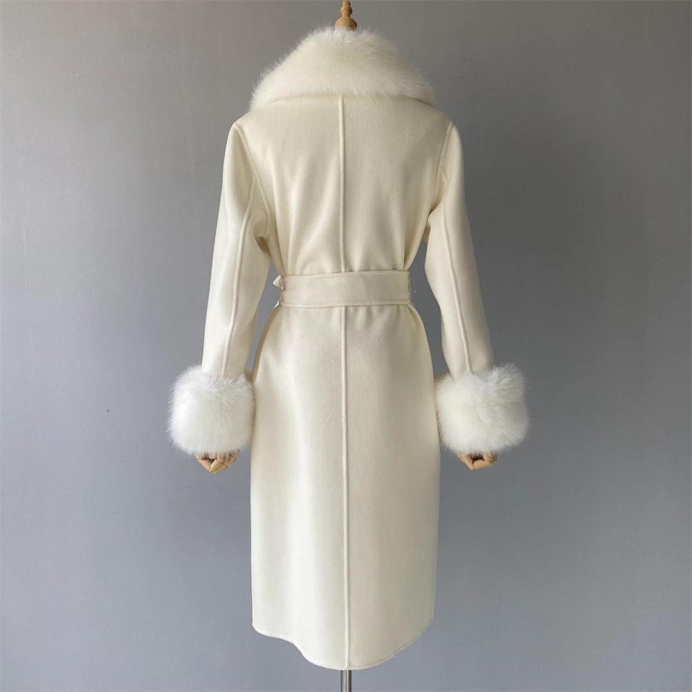 New Trending Handmade Sew High Quality Wholesale Custom Color Belt Design Women Faux Fur Wool Coat Cashmere