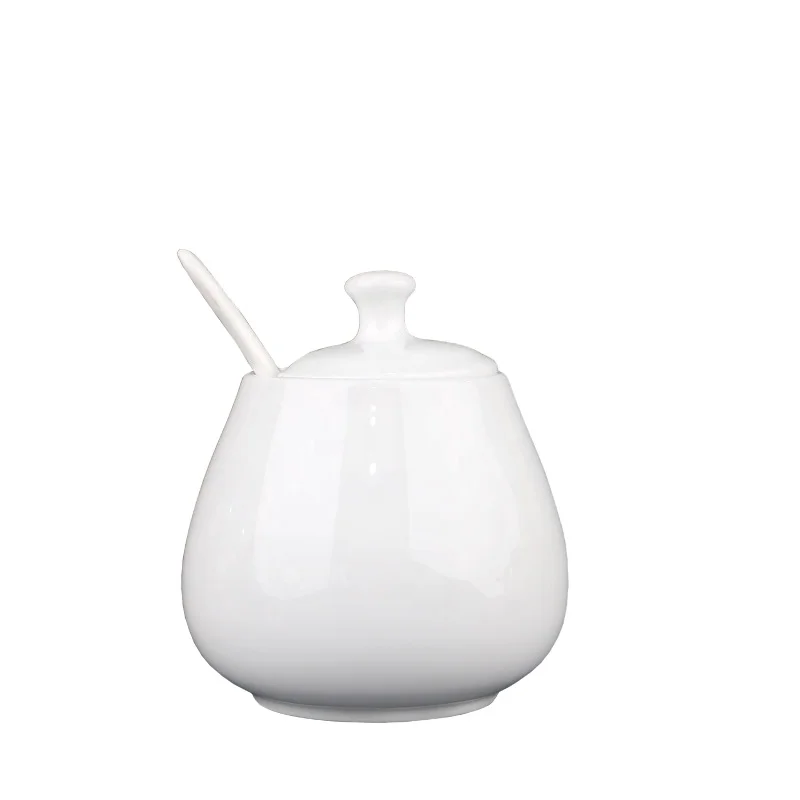 High quality White round Design Bone China Sugar Pot Ceramic sugar jar with spoon