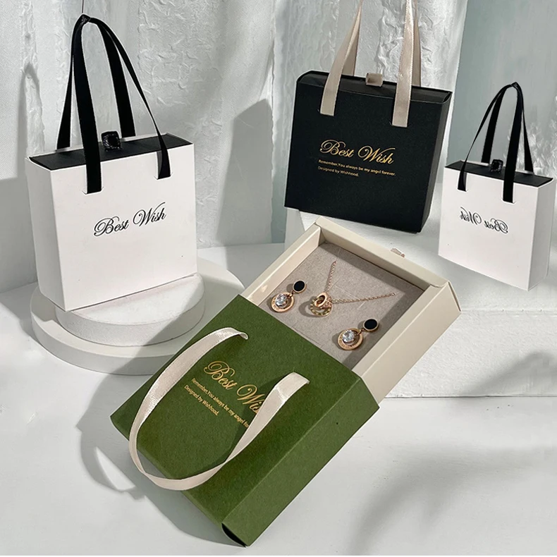 Custom Recyclable jewellery gift box with drawer Packaging Box Hot Stamping pull Drawer Gift Boxes with handle
