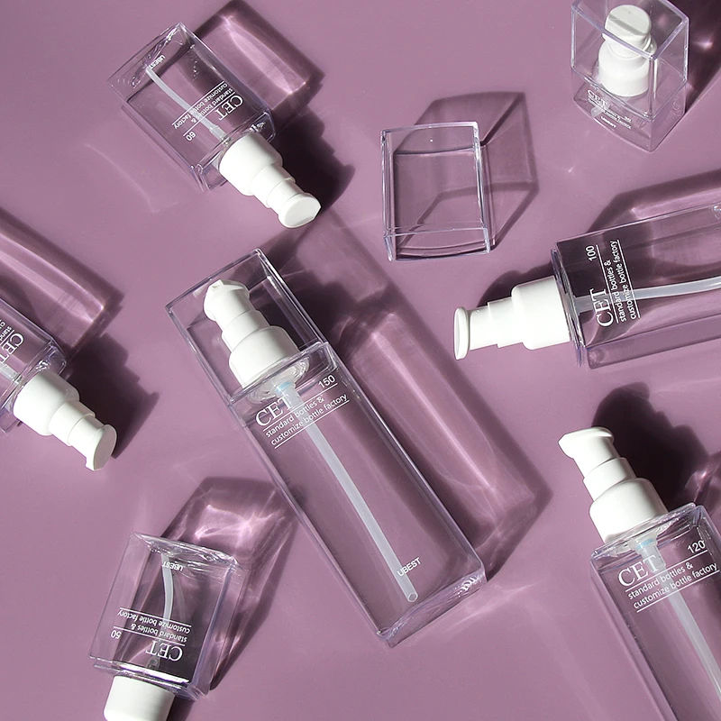 30-150 ml Liquid PETG Square Facial Toner Pump Spray Bottle with Transparent Free Sample Cosmetic Skin Care Packaging MSD