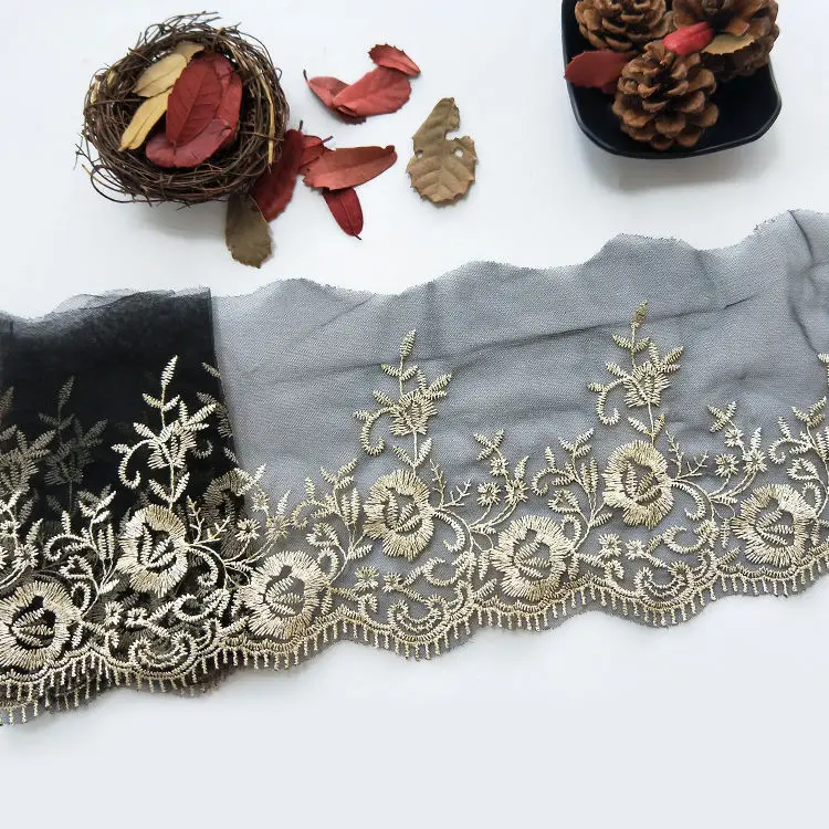 13.5cm Black Metal Mesh Lace Trim Ribbon-Shaped Gold Flower Embroidery Promotional Decorative Headdress for Wedding Dresses WB01