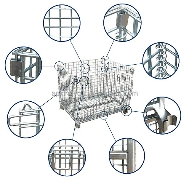 Крупная партия тяжелых промышленных металлических складных контейнеров для хранения из проволочной сетки с колесами