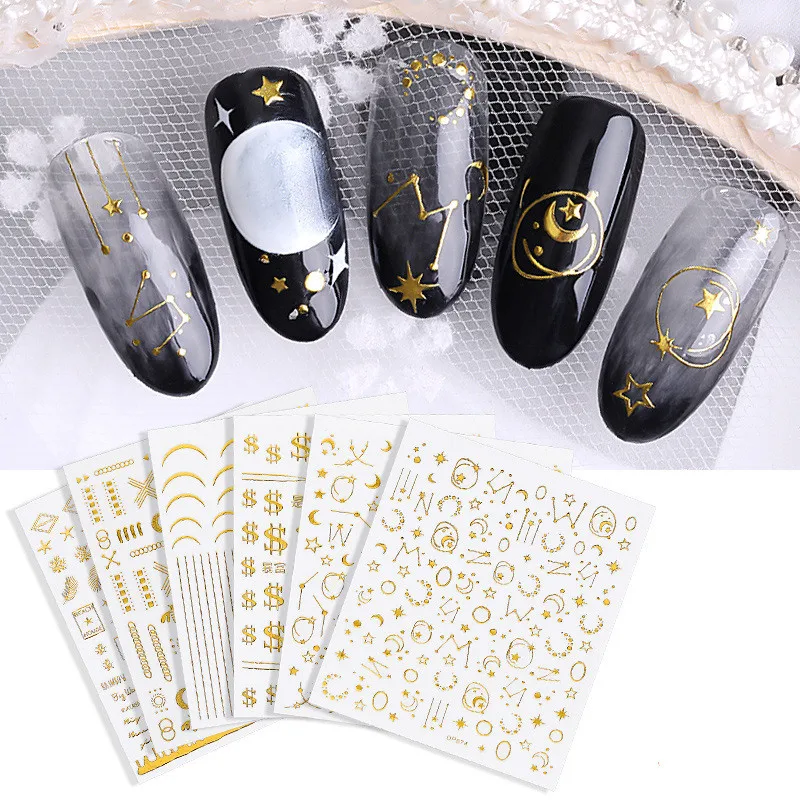 Stars and Moons Sky Designs Nail Art Stickers Beauty Nail Decals 3D Metallic Gold  Color Nail Sticker Wholesale