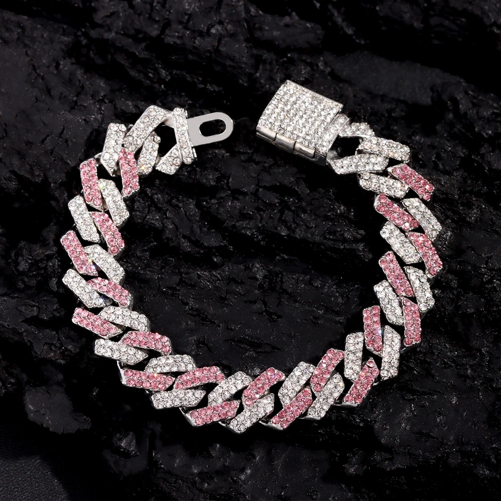 Wholesale Fashion Jewelry Hip Hop Two Tones Blue Diamond Chain Necklace Miami Cuban Chain Prong Necklace for Men