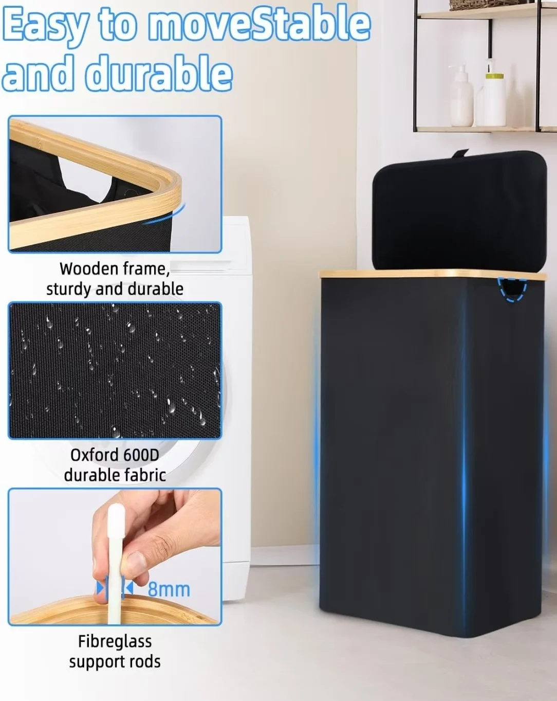 Large 100-Liter Foldable Laundry Basket with Bamboo Handle and Detachable Bag for Bedroom Storage and Washing