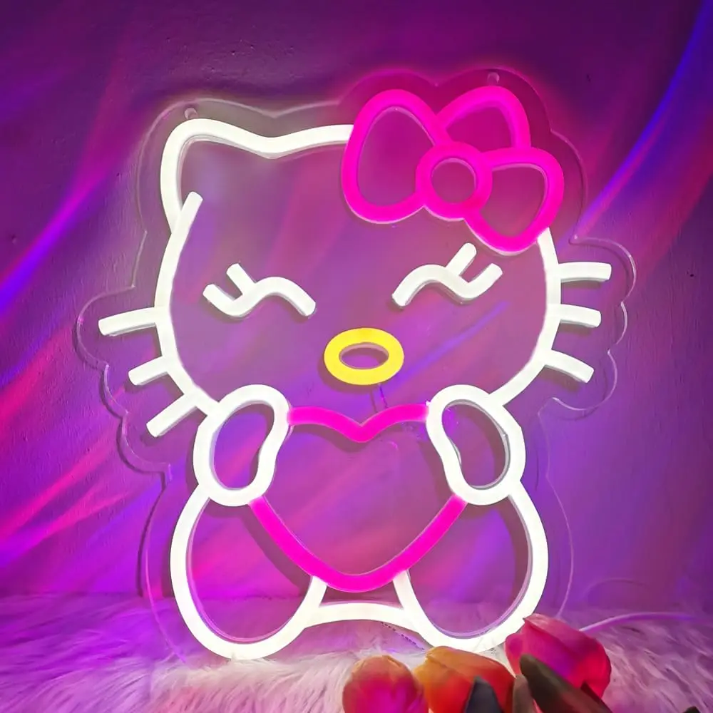 Hello Kit Neon Sign, Dimmable Kitty Neon Sign for Girls Room Game Room Bedroom, Cute Cat Neon Light Sign for Kids Girls Her Gift