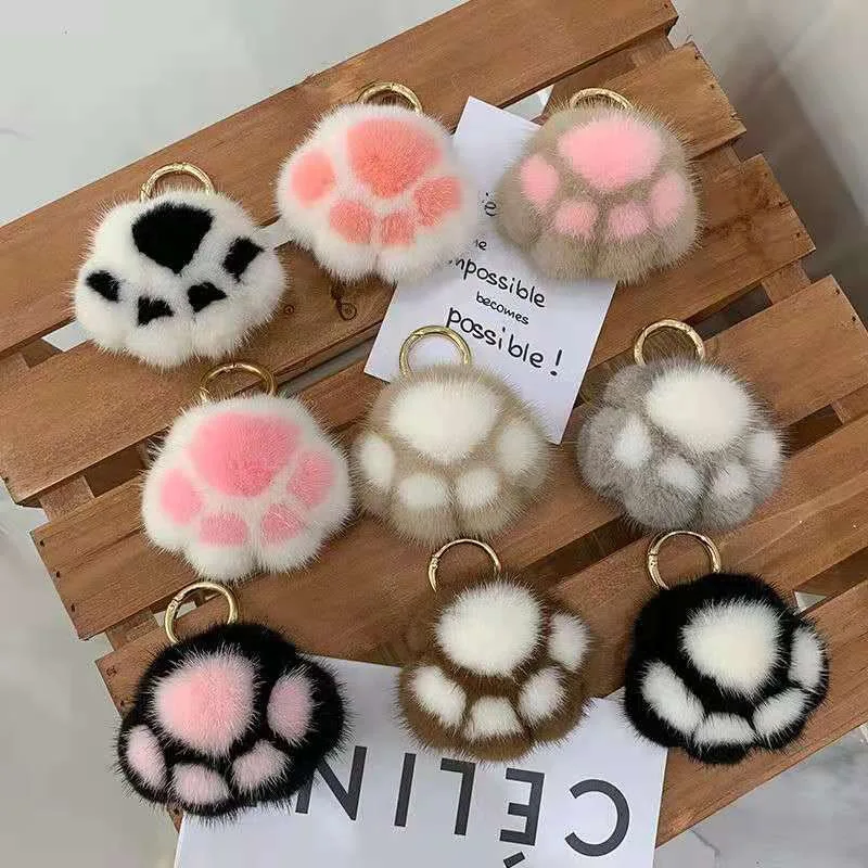 Wholesale Cute Stuffed Paw Doll Key Ring Bag Pendant Key Chain Cat Dog Claw Stuffed Pompom Fluffy Fur Plush Keychain