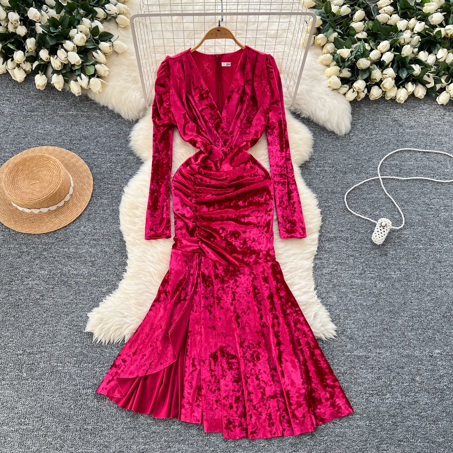 LW0497 Quality Dress Haute Couture Party Dress Sexy V-Neck Pleated Waisted Canary Evening Dress Woman