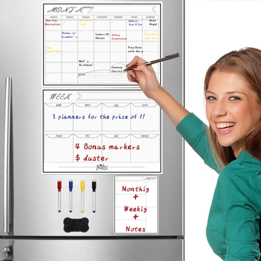 Monthly Weekly Calendar Planner Fridge Magnets Stick Acrylic Dry Erase for Refrigerator Food Remark Kids Study Planner, Set Pack