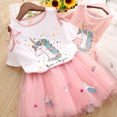 Fashion 2020 summer new Korean Children girl cartoon print short sleeved T shirt puffy skirt two piece suit kids clothing sets