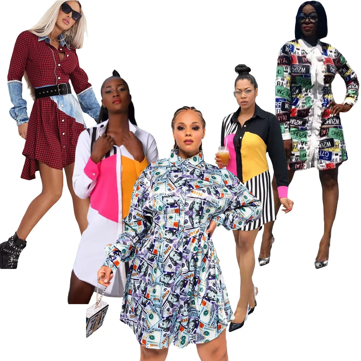 Woman dresses fashionable summer spliced multi-color t shirt collar single breasted long sleeve spring dresses women