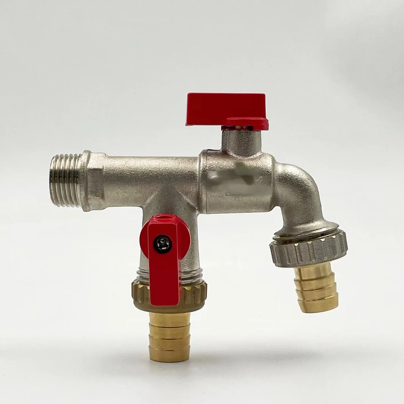 1/2' Brass IBC Bibcock  One Inlet Two Outlets Water Bib Valve Tap Double Nipple Spout Nozzle for Washing Machine Garden