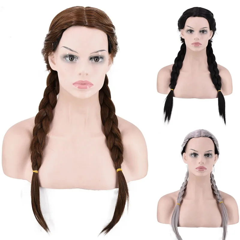 Natural Hairline Brown Ponytail Synthetic Lace Front Wig With Baby Hair Double Braids Heat Resistant Fiber Middle Part